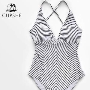 CUPSHE BLACK & WHITE STRIPE 1PIECE SWIM CRISSCROSS